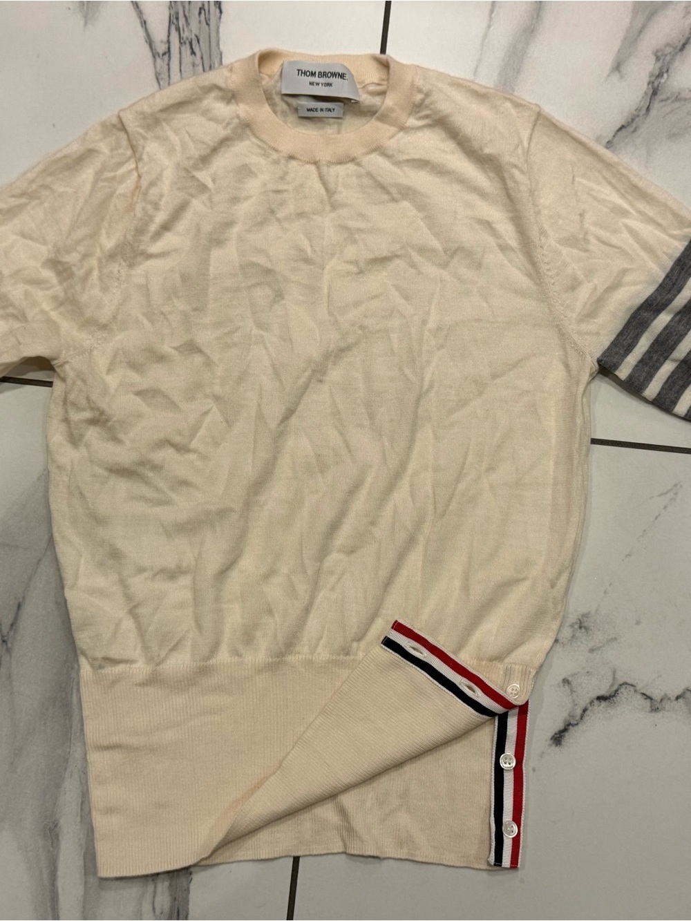 Thom Browne cashmere type  Short-Sleeve Knit Top with Signature Stripe